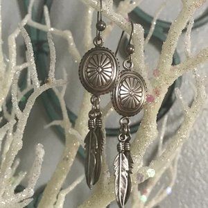 Vintage Sterling Silver Concho with Sterling Silver Feathers Pierced Earrings